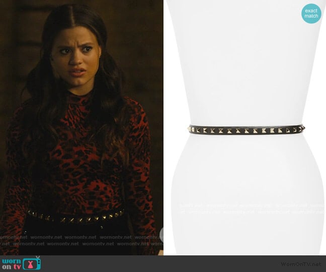 Garavani Rockstud Skinny Calfskin Leather Belt by Valentino worn by Maggie Vera (Sarah Jeffery) on Charmed