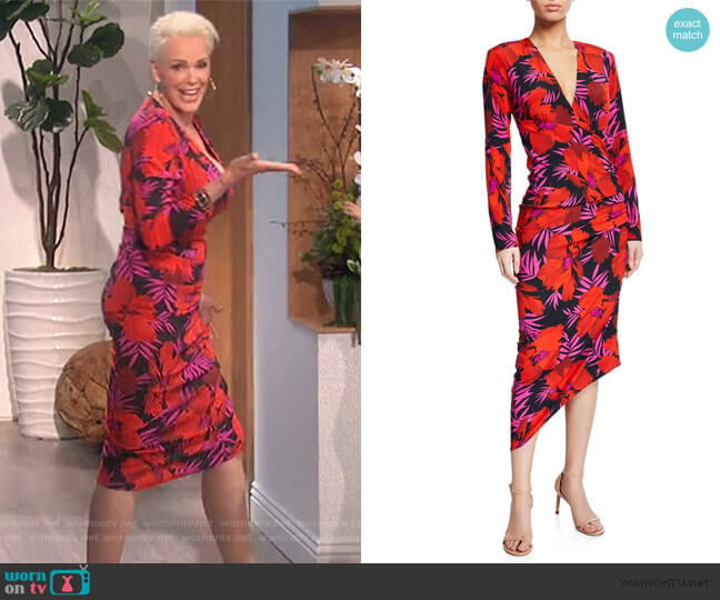 Alvaro Floral-Print Asymmetric Ruched Dress by Veronica Beard worn by Brigitte Nielsen on The Talk