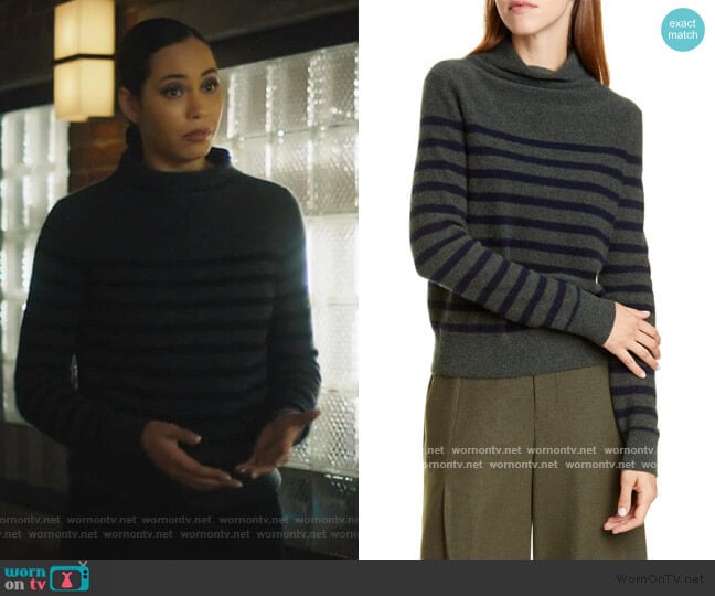 Breton Stripe Turtleneck Cashmere Sweater by Vince worn by Macy Vaughn (Madeleine Mantock) on Charmed