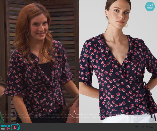 Lenno Print Frill Wrap Top by Whistles worn by Chelsea Grayson (Anneliese van der Pol) on Ravens Home