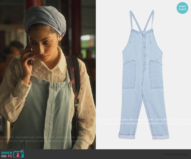 Blue Overalls by Zara worn by Nadia Shanaa (Mina El Hammani) on Elite