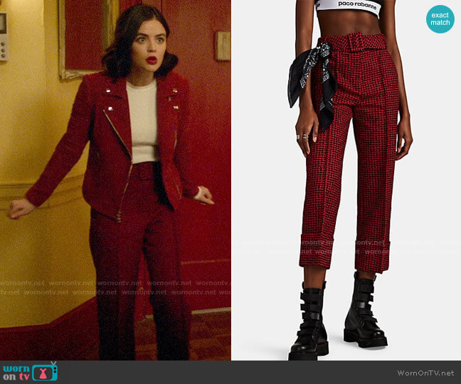 Alexander Wang Belted Houndstooth Tweed Cuffed Crop Trousers worn by Katy Keene (Lucy Hale) on Katy Keene