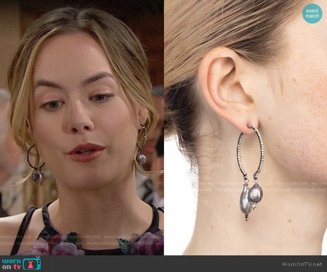 Alexis Bittar Two-Part Pave Hoop Earrings w/ Pearl Drops worn by Hope Logan (Annika Noelle) on The Bold and the Beautiful