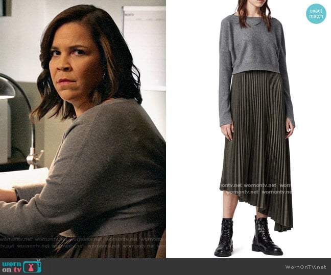 All Saints Evetta Asymmetrical Midi Dress with Crop Sweater worn by Sara Castillo (Lindsay Mendez) on All Rise