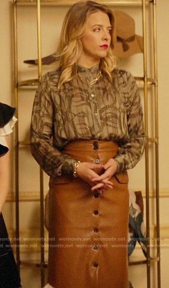 Amanda’s printed blouse and leather skirt on Katy Keene