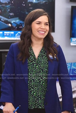 Amy's black and green floral blouse on Superstore