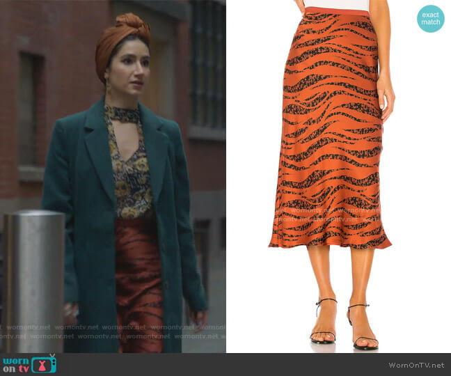 Bar Print Silk Midi Skirt by Anine Bing worn by Adena El-Amin (Nikohl Boosheri) on The Bold Type