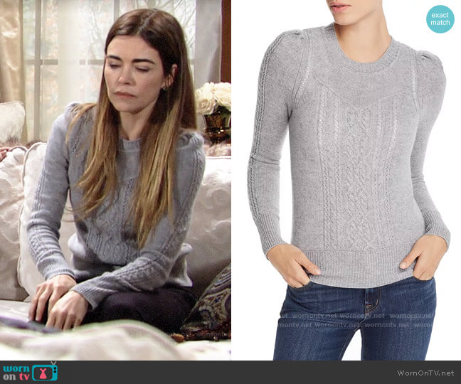 Aqua Mixed-Knit Cashmere Sweater worn by Victoria Newman (Amelia Heinle) on The Young and the Restless