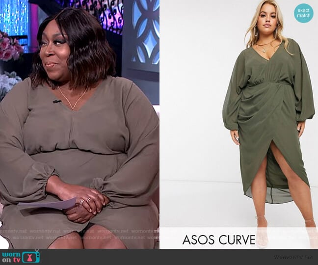 plunge front blouson sleeve midi dress by ASOS worn by Loni Love on The Real