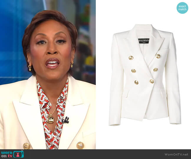 WornOnTV: Robin’s print blouse and white blazer on Good Morning America ...