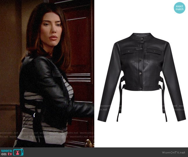 Bcbgmaxazria Cutout Faux Leather Moto Jacket worn by Steffy Forrester (Jacqueline MacInnes Wood) on The Bold and the Beautiful