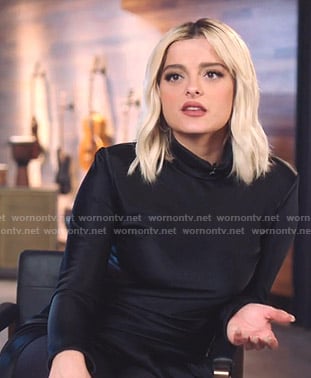 Bebe Rexha’s black mock neck asymmetric dress on The Voice