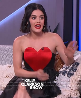 Lucy Hale's black heart detail strapless dress on The Kelly Clarkson Show