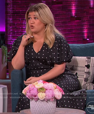 Kelly's black printed puff sleeve dress on The Kelly Clarkson Show