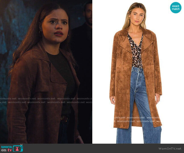 Blank NYC Coco Faux Suede Trench worn by Maggie Vera (Sarah Jeffery) on Charmed
