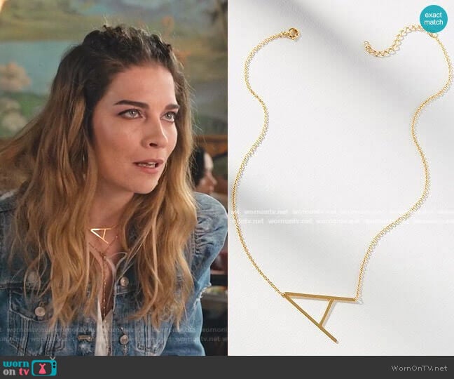 Block Letter Monogram Necklace by Anthropologie worn by Alexis Rose (Annie Murphy) on Schitts Creek