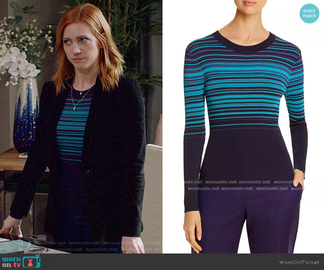 BOSS Fadeira Ribbed Metallic-Stripe Sweater worn by Julia Bechley (Brittany Snow) on Almost Family