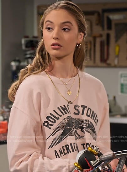 Brooke’s blush pink Rolling Stones sweatshirt on The Expanding Universe of Ashley Garcia