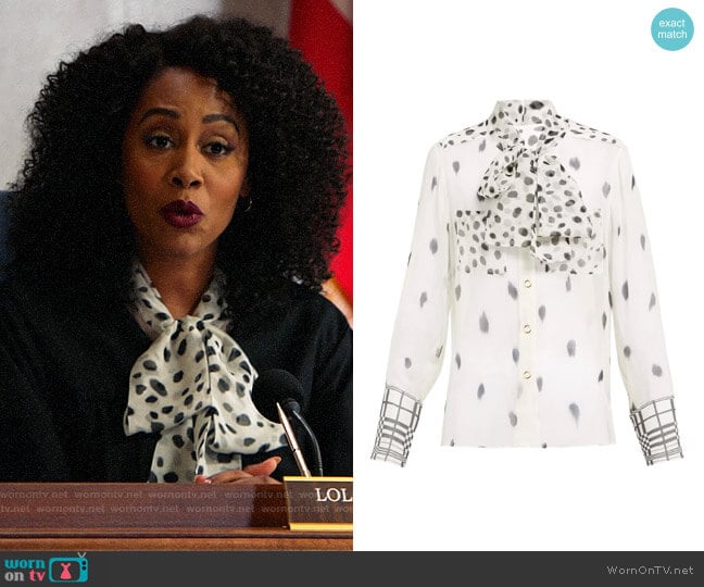 Burberry Pussy-bow dalmatian-print silk blouse worn by Lola Carmichael (Simone Missick) on All Rise