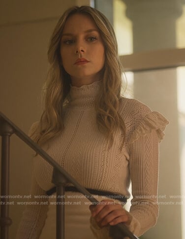 Carla's white ruffle trim sweater on Elite