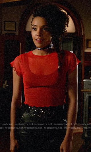 Charlie's red mesh top and leather skirt on Legends of Tomorrow