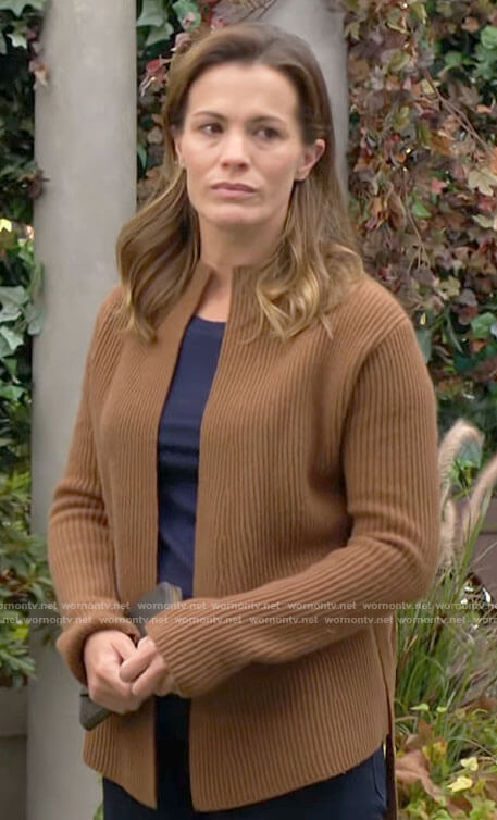 Chelsea’s tan belted cardigan on The Young and the Restless