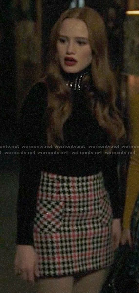 Cheryl's black studded turtleneck and houndstooth skirt on Riverdale
