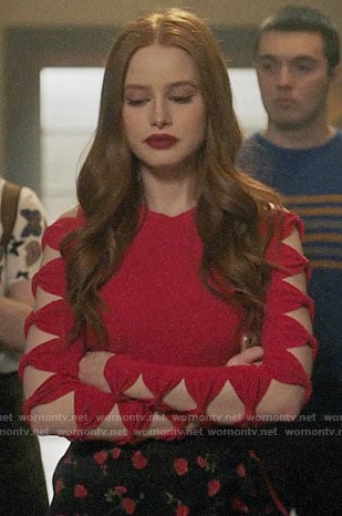 Cheryl’s red cutout sleeve sweater and floral shorts on Riverdale