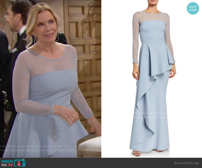 Chiara Boni La Petite Robe High-Neck Long-Sleeve Illusion Gown w/ Elongated Peplum worn by Brooke Logan (Katherine Kelly Lang) on The Bold and the Beautiful