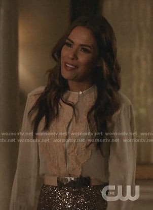 Cristal's white and pink lace-trim blouse on Dynasty