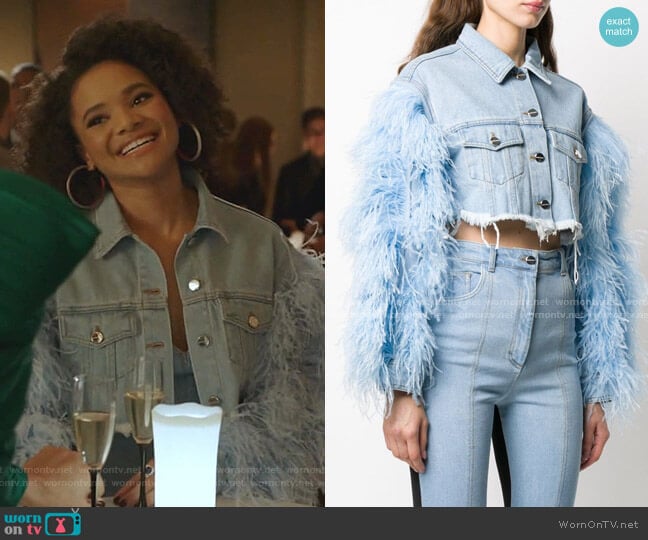 Feather-Trimmed Cropped Denim Jacket by David Koma worn by Vanessa (Jade Payton) on Dynasty