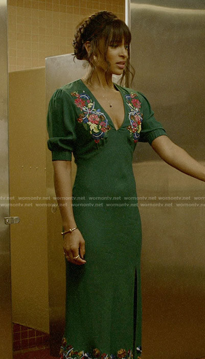 Edie’s green embroidered midi dress on Almost Family