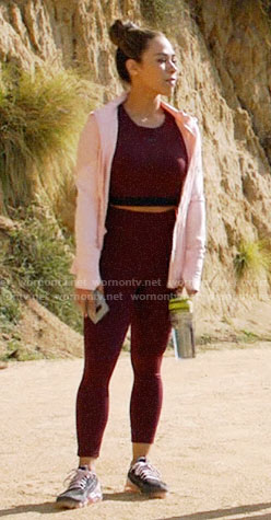 Emily's burgundy crop top and leggings on All Rise
