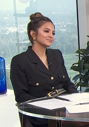 Erin’s black blazer with gold buttons on E! News Daily Pop