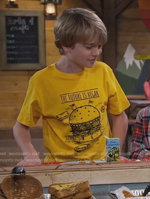 Finn's yellow vegan burger print tee on Bunkd