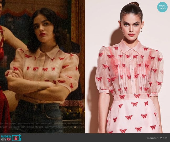 Fleur du Mal Butterfly Embroidered Pintuck Blouse worn by Katy Keene (Lucy Hale) on Katy Keene