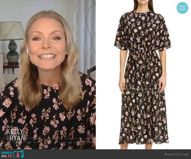 Floral Print Plunge Back Silk Dress by Lês Reveries worn by Kelly Ripa on Live with Kelly and Mark