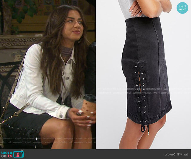 Denim Lace-Up Skirt by Free People worn by Ciara Brady (Victoria Konefal) on Days of our Lives