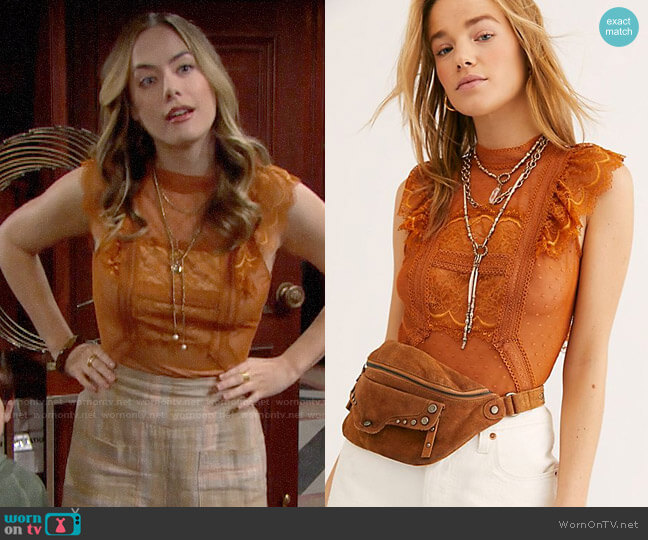 Free People Winnie Bodysuit in Copper Ginger worn by Hope Logan (Annika Noelle) on The Bold and the Beautiful