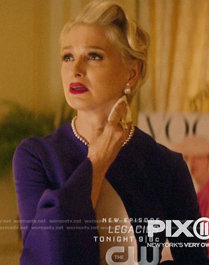 Gloria's purple bell-sleeve dress on Katy Keene