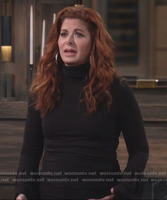 Grace’s black turtleneck bell sleeve sweater on Will and Grace