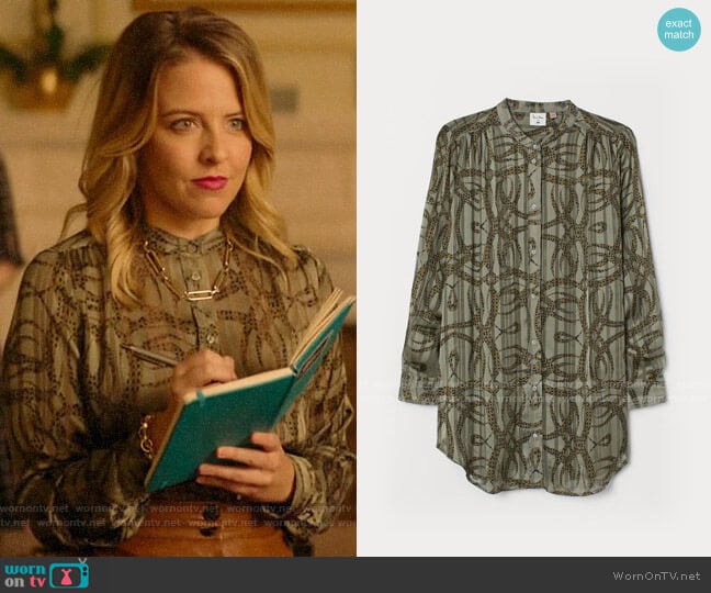 H&M Airy Blouse in Light Khaki Green/Patterned worn by Amanda (Helene Yorke) on Katy Keene