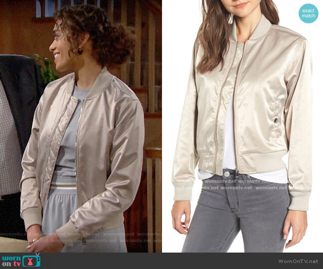 Hudson Sateen Bomber Jacket worn by Zoe (Kiara Barnes) on The Bold and the Beautiful