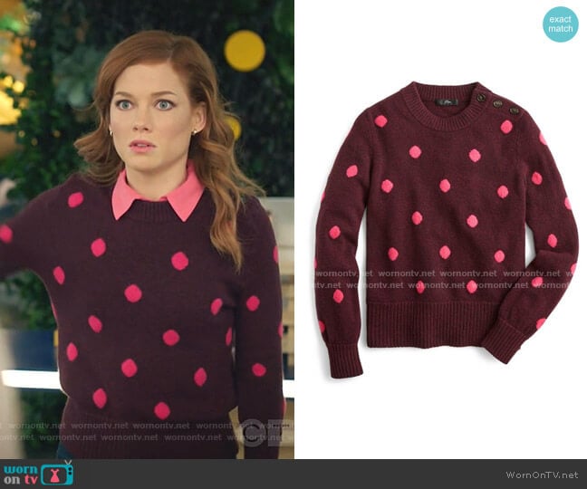 Button Detail Supersoft Dot Crewneck Sweater by J. Crew worn by Zoey Clarke (Jane Levy) on Zoeys Extraordinary Playlist