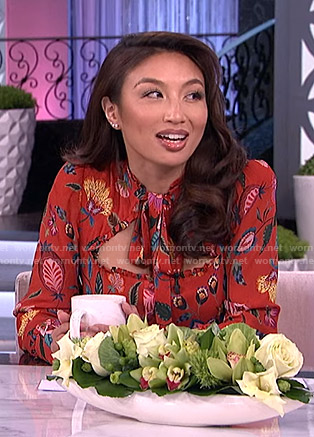 Jeannie’s red floral tie neck jumpsuit on The Real