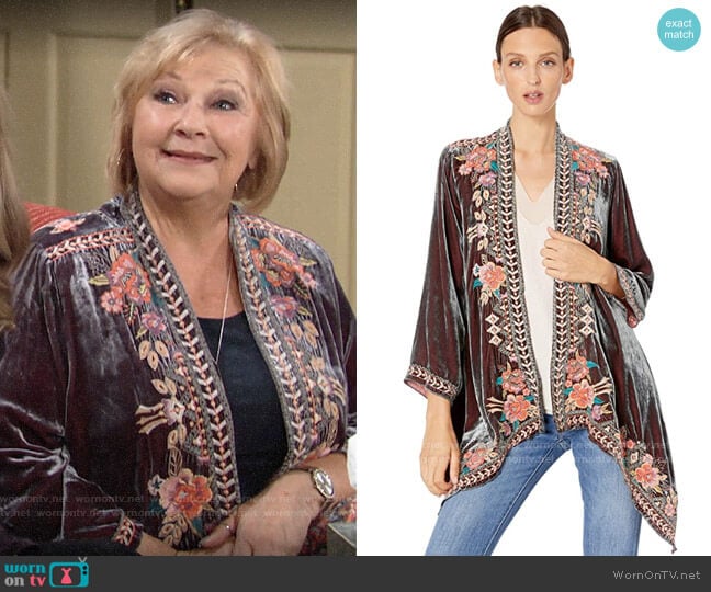 Johnny Was Velvet Draped Cardigan worn by Traci Abbott (Beth Maitland) on The Young and the Restless