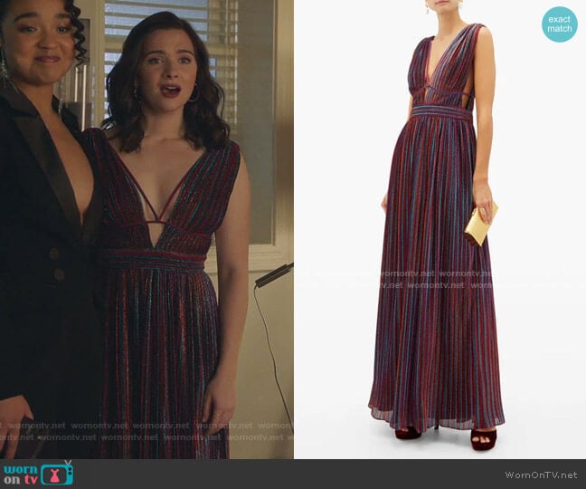 Striped Plunging V-neck Pleated-Lamé Maxi Dress by Jonathan Simkhai worn by Jane Sloan (Katie Stevens) on The Bold Type