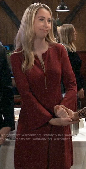 Josslyn's red zip-front bell-sleeve dress on General Hospital