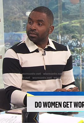 Justin's black and white striped polo shirt on E! News Daily Pop