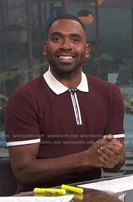 Justin’s burgundy contrast trim polo shirt on E! News Daily Pop